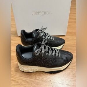 Jimmy Choo Black Glitter Leather Platform Sneakers with Metallic Laces